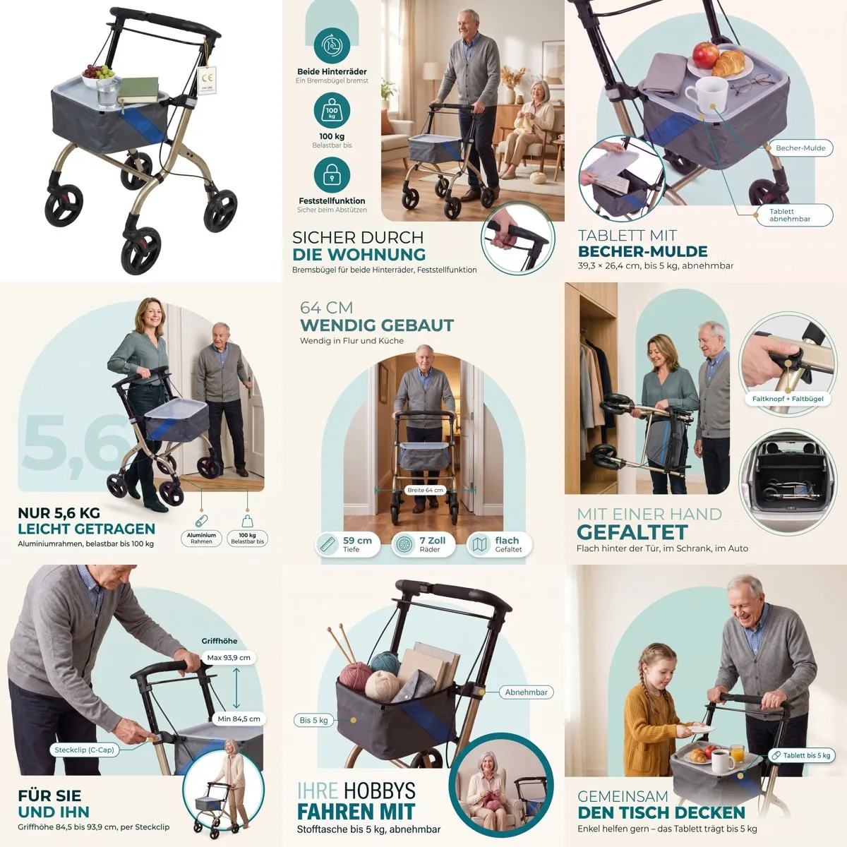 The nine gallery images for an indoor rollator, all produced by the pipeline