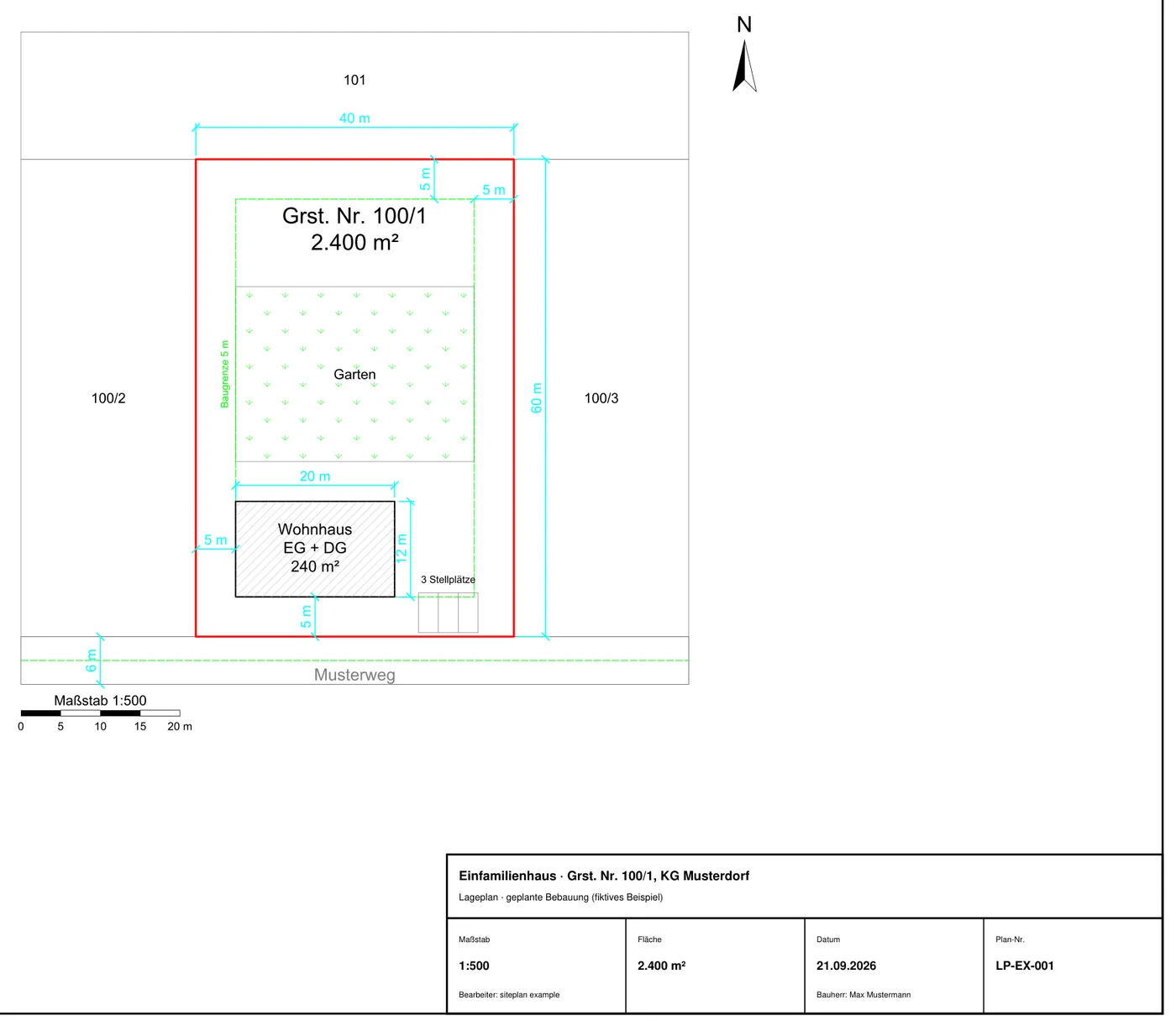 A fictional example plan produced by the engine: plot, neighbours, road width, setbacks, true 1:500