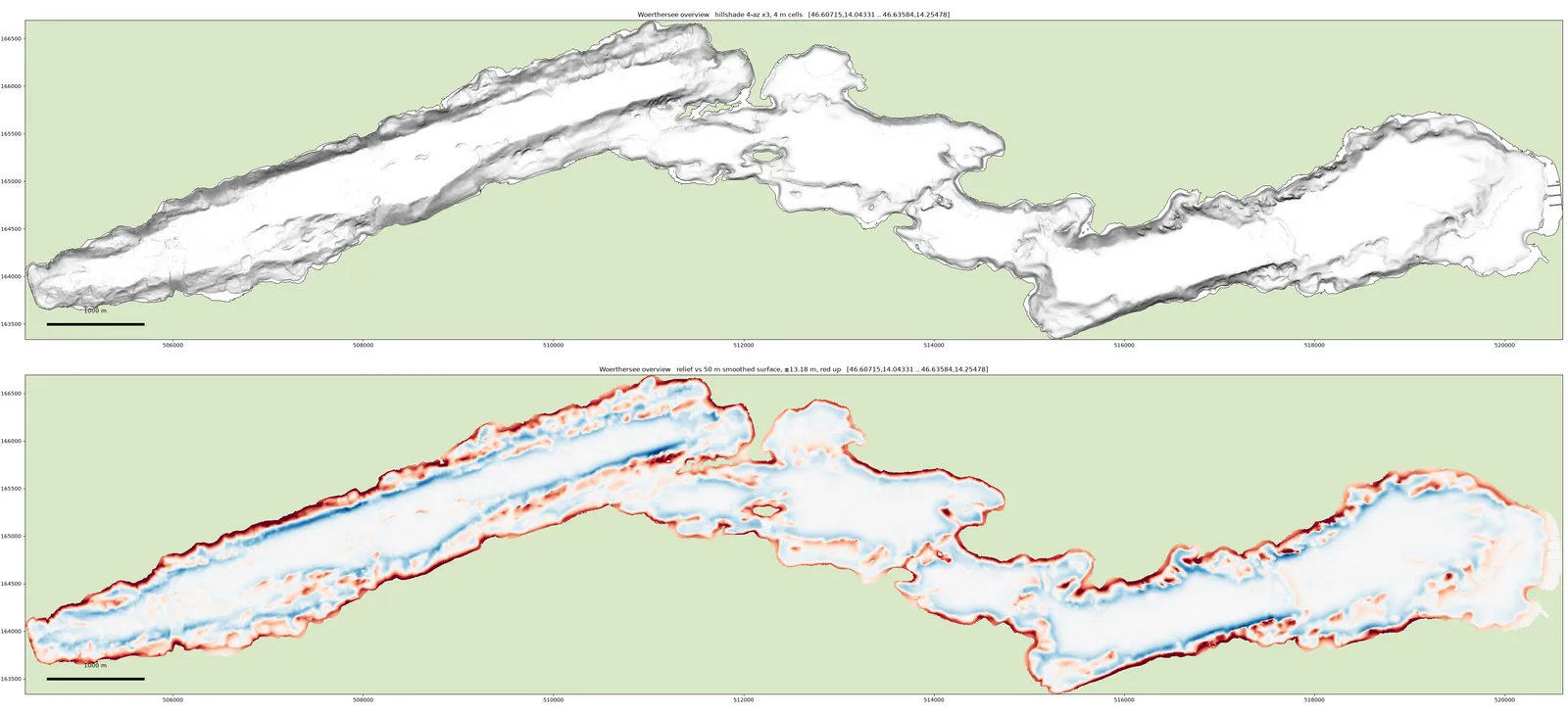 Wörthersee: hillshade and relief of the open 1 m depth model